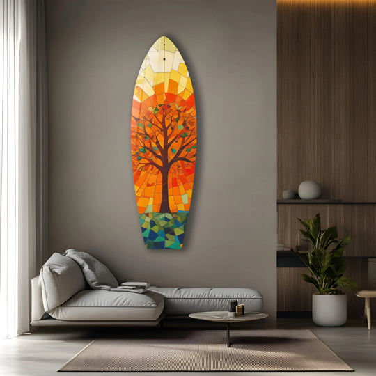 Surfboard glass wall art stained design with a tree motif and vivid color for modern glass wall art accents unique decor