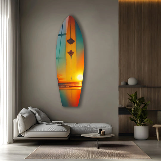 SurfBoard orange blue and sunset beach decor and tropical sunset wall art with coastal surf decor for beach homes