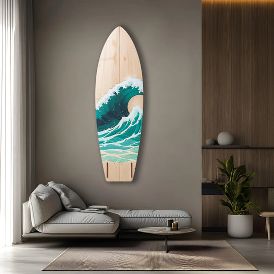SurfBoard with ocean waves design and beige finish plus coastal design wall art for home decor and surfboard wall art