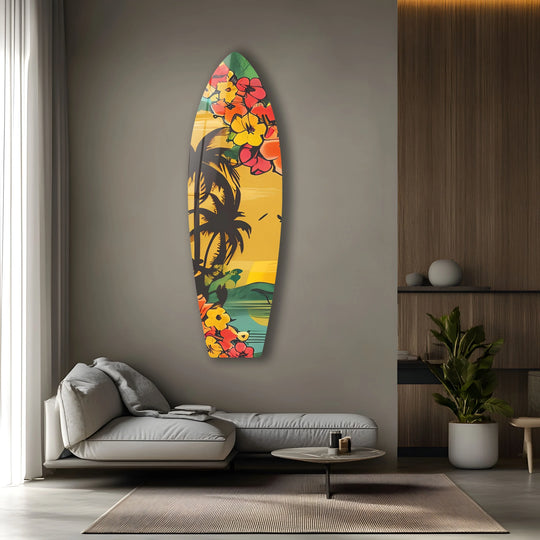 Vibrant palm trees and flower images become a loud focal point on this surfboard decorative wall art, creating a tropical and eye-catching addition.