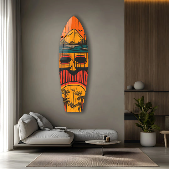A vibrant surfboard wall art showcases a smooth gradient transition from fiery orange skies to deep teal ocean hues, enriching home decoration.