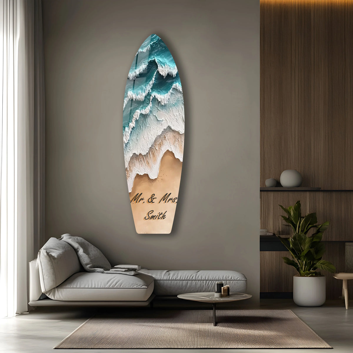 Negative space surrounds the custom surfboard wall art displaying 'Mr. & Mrs. Smith,' enhancing its presence as personalized wall decor.