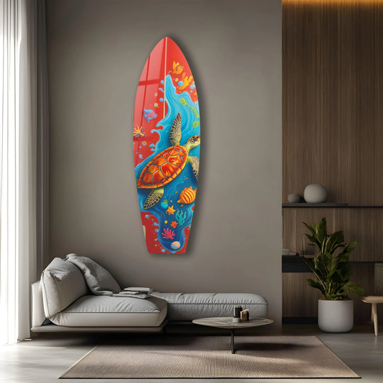 Surfboard wall art turtle ocean graphic red glossy and vibrant sea turtle surfboard wall art decor featuring animal artwork and ocean adventure vibes