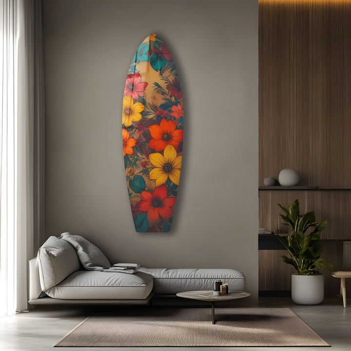 Gelb-rote Vintage-Blumen-Surfbrett-Wandkunst