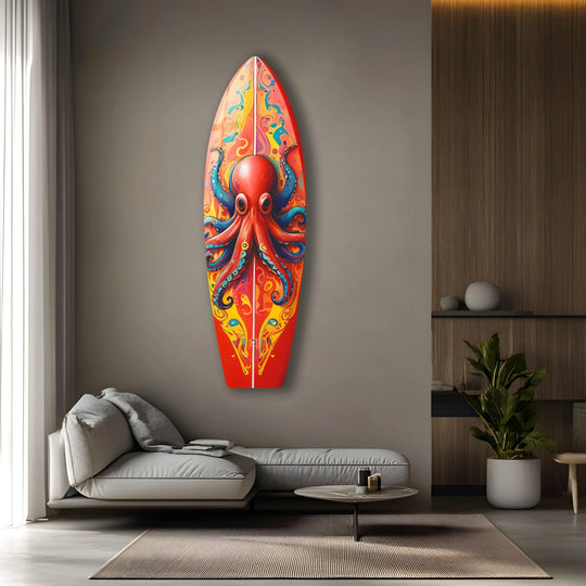 Vibrant glass art painting of a colorful octopus on a surfboard, a bold statement for any wall.