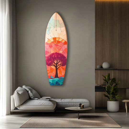 SurfBoard vibrant tree mosaic glass wall art adds stained glass artwork with a unique surfboard design and vivid colors for elegant vibrant decor