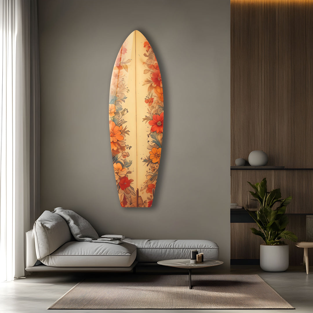 Beige tropische Blumen Surfbrett Wandkunst