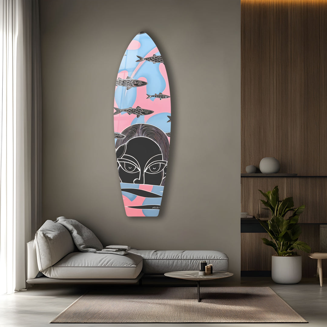 Fishes & Woman Surfboard Wall Art