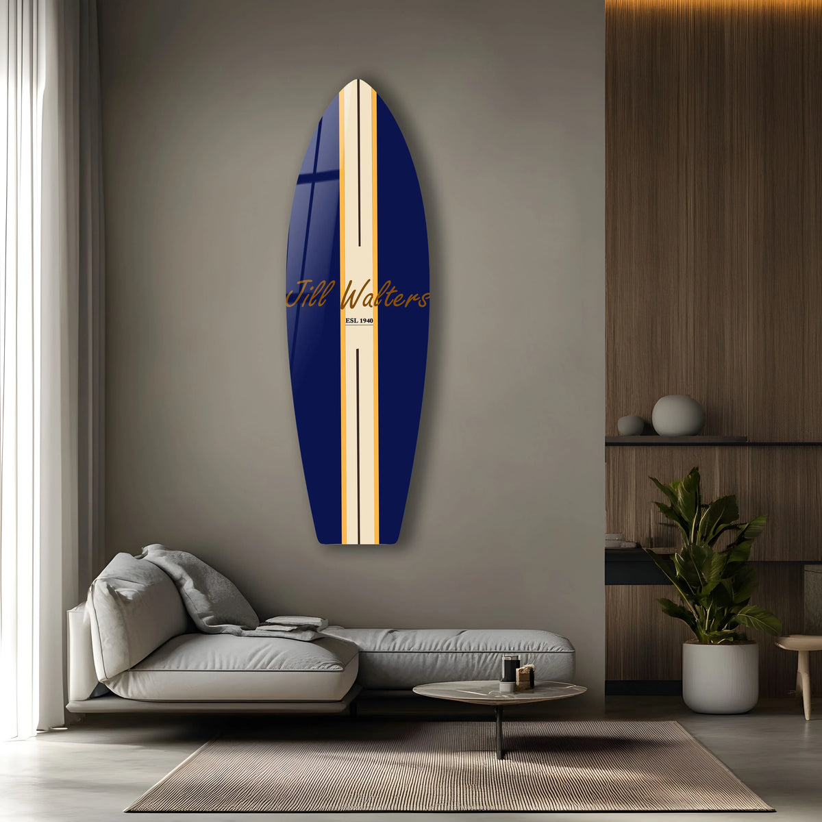 Repeating vertical stripes and the surfboard's sleek form create a pleasing visual rhythm in this print on glass photo of custom surfboard wall art.