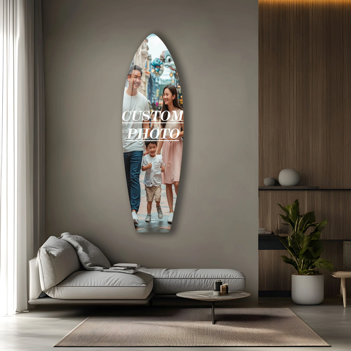 Featuring the darkest area of this custom surfboard shape glass wall art, showcasing a family photo with striking clarity through glass photo printing.