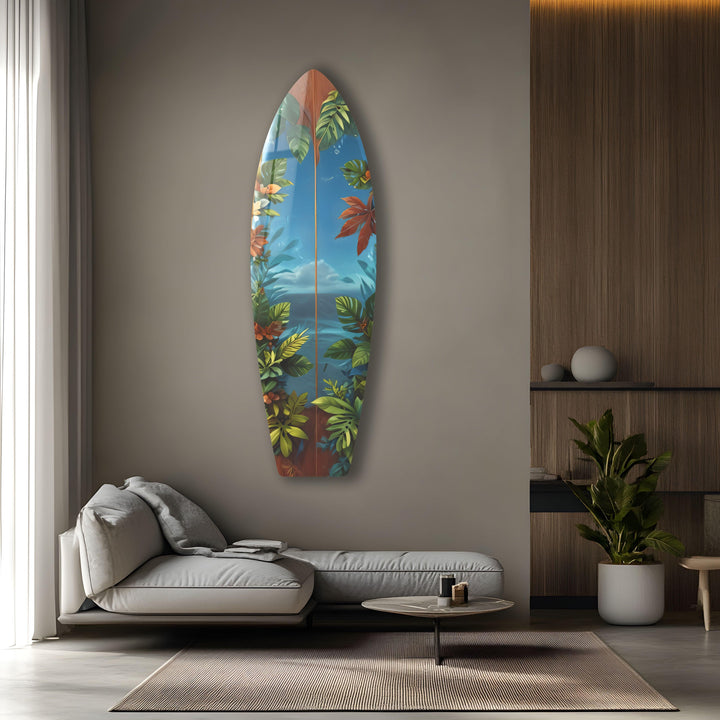 Tropische Dschungel-Surfbrett-Wandkunst – Exotisches Küstendekor
