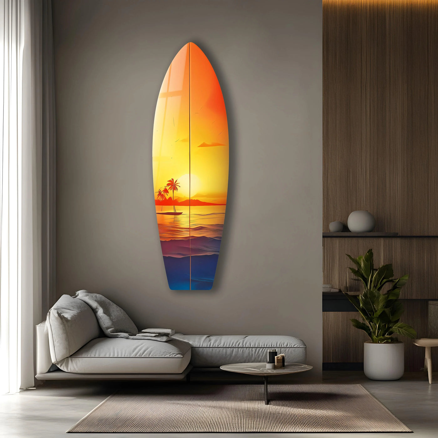 Highlighting the abstract quality, a vibrant Beauty Sunset Surfboard Wall Art piece captures a surreal seascape in a contemporary glass wall artwork design.