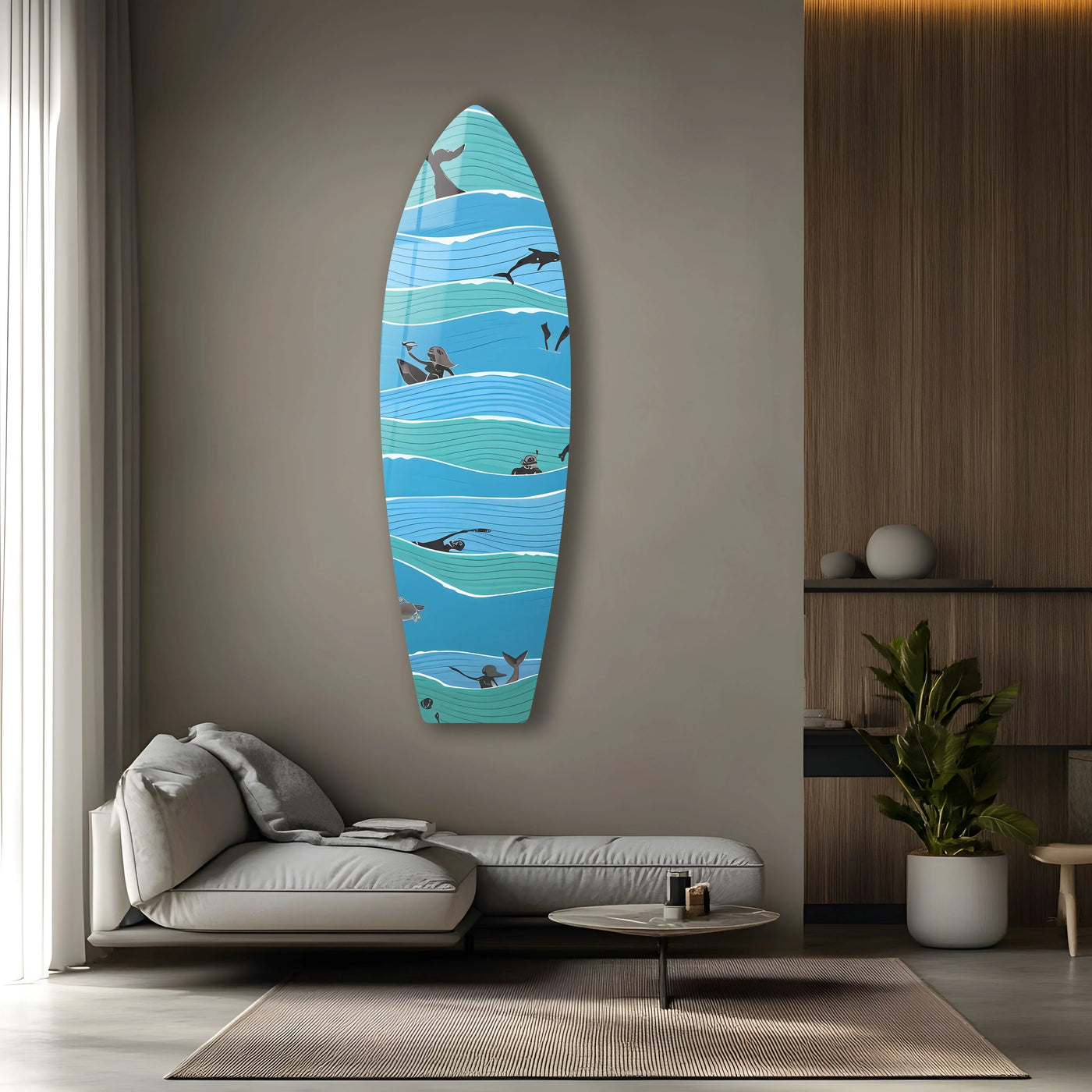 A glass art painting showcases the layered ocean depths with playful sea creatures and surfers amidst vibrant blue waves.