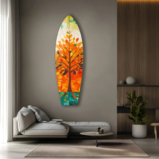 SurfBoard wall art mosaic orange tree design and stained glass decor for a bold wall decor accent
