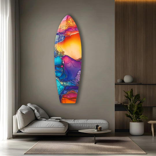 SurfBoard vertical vibrant wall art in stained glass style and surfboard wall art for modern decor and vivid colors in your space