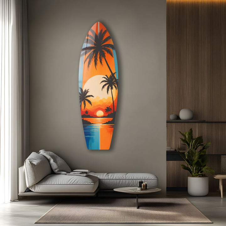 Tropischer Sonnenuntergang Surfbrett Wandkunst – Lebendiges Küstenstranddekor