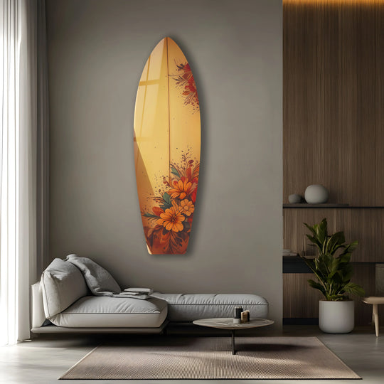 Floral beige surfboard wall art prints commands attention, its vibrant orange blossoms and honeyed hues enriching the neutral-toned living space.