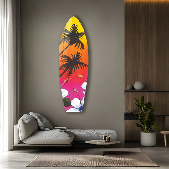 SurfBoard wall art yellow and red with palm trees is soft tropical surfboard glass wall art and vibrant wall art for lasting decor