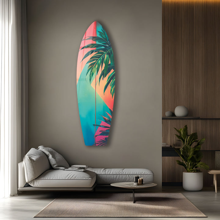 Rosa-blaue Palmblatt-Surfbrett-Wandkunst