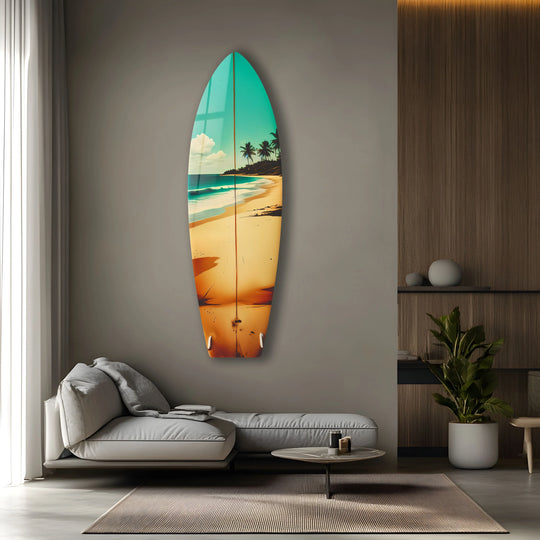 SurfBoard with beach scene and teal accents for tropical surfboard wall art beach vibes home decor