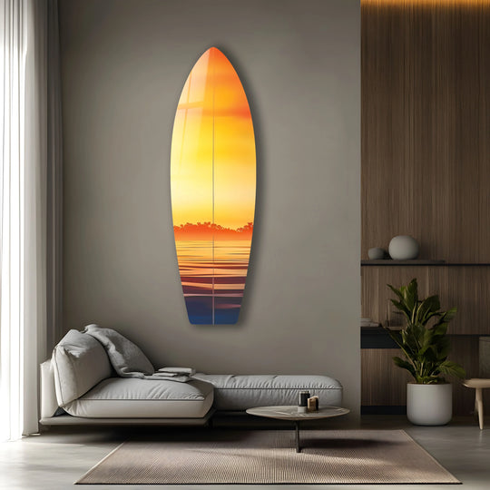 SurfBoard with orange sunset colors and beachy vibe is surfboard wall art and unique beach themed art for coastal homes