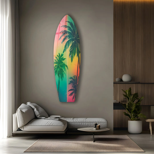 SurfBoard Wall Art soft colors palm trees design durable finish and tropical surfboard style vibes and decor