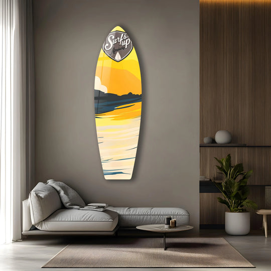 The soft colors surfboard glass wall art captures the fluid motion of ocean waves with its serene, flowing hues, a unique modern wall decor piece.