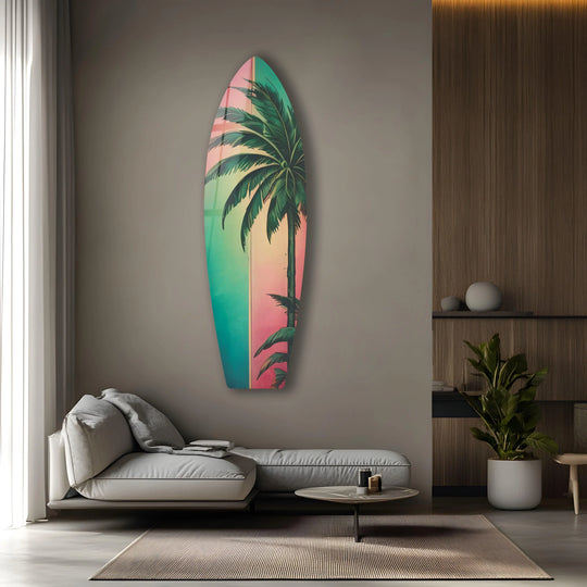 SurfBoard with Palm Tree design Green and Pink tones and Tropical Wall Art accents with bright surfboard elegance from durable tempered glass