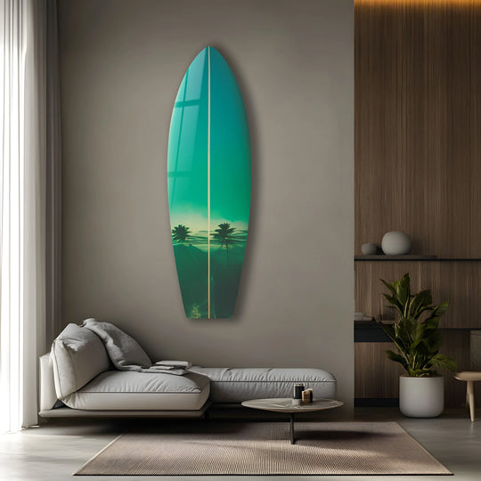 A striking blue sky surfboard wall art serving as unique art from glass in a modern living room scene, adding a touch of coastal elegance.