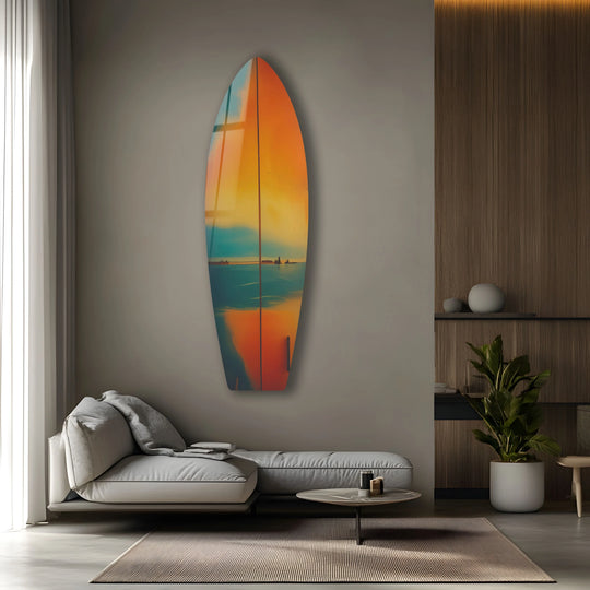 Warm color temperature radiates from the sunset surfboard wall art print, casting orange and yellow hues across the ocean-themed wall art prints.