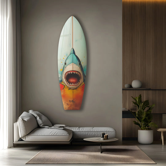 A tranquil room features a striking glass printing of a shark surfboard, capturing a moment of stillness.