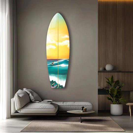 Surfboard wall art sea sunset and waves design with UV printing and beach wall art for coastal vibes at home