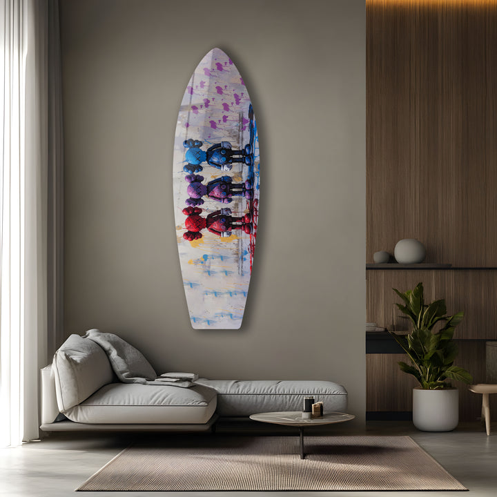 Abstrakte Surfbrett-Wandkunst – Farbenfrohe moderne Kunst auf einem Surfbrett