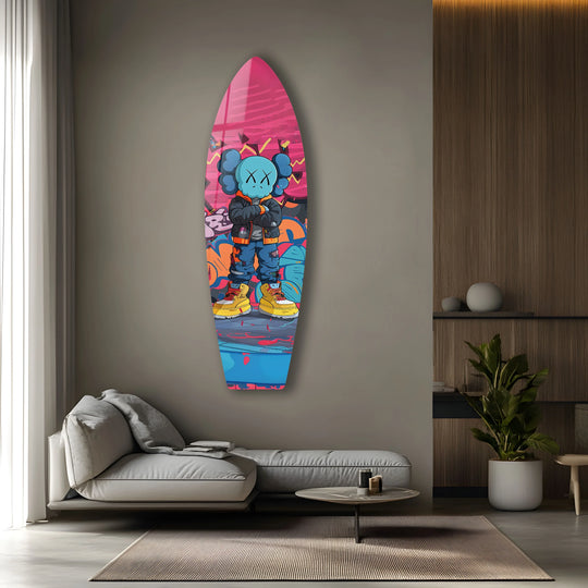 Surfboard shows Kaws-inspired design and figurine art making bold graffiti wall art and urban street art with vibrant colors for art lovers