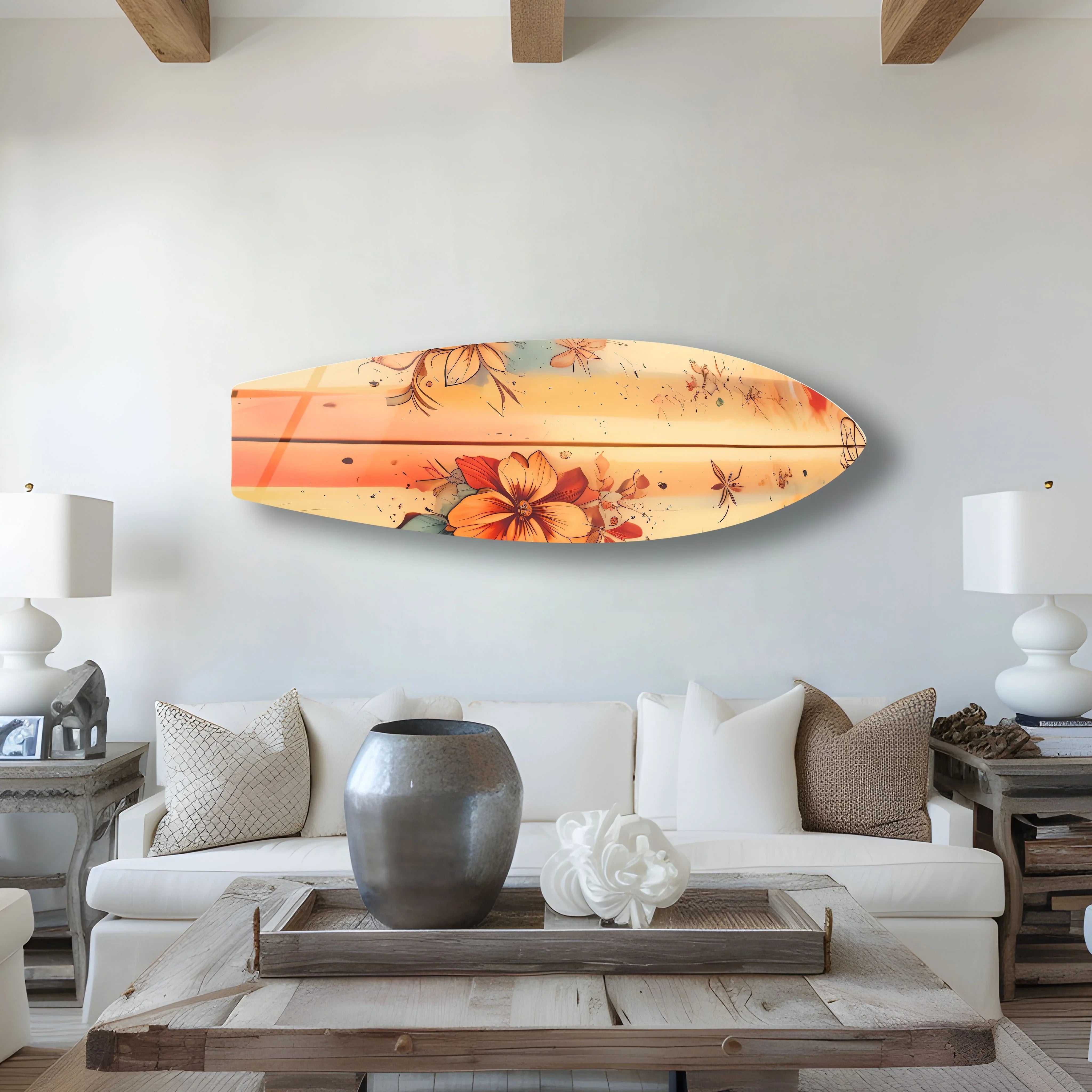 Beige Floral Surfboard – Unique Glass Wall Art Design – MyPhotoStation