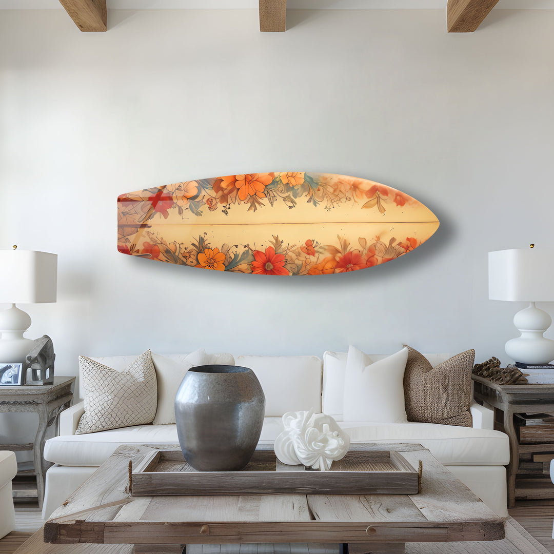 Beige tropische Blumen Surfbrett Wandkunst