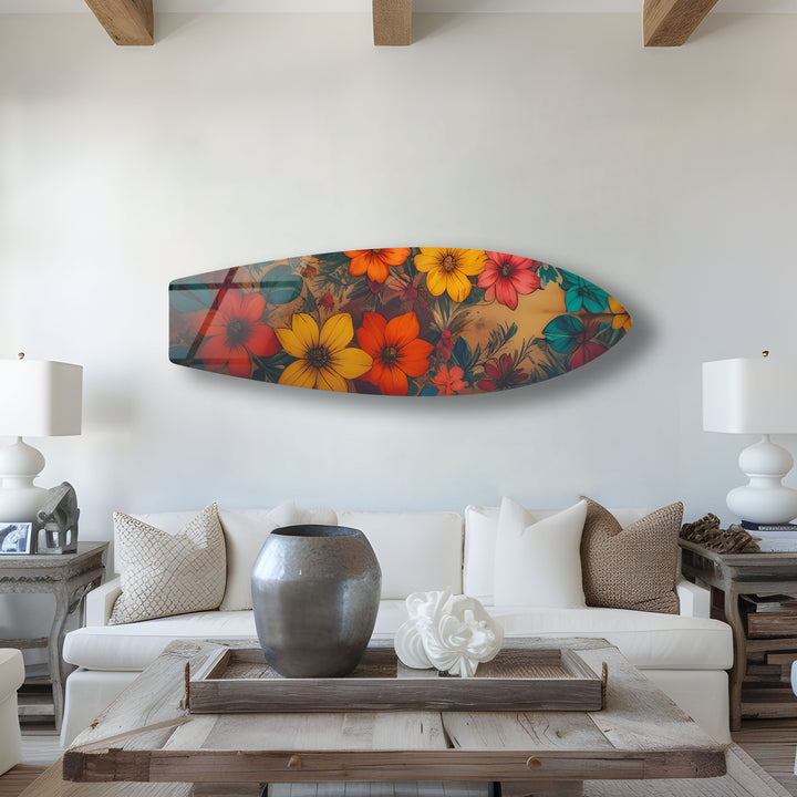 Gelb-rote Vintage-Blumen-Surfbrett-Wandkunst