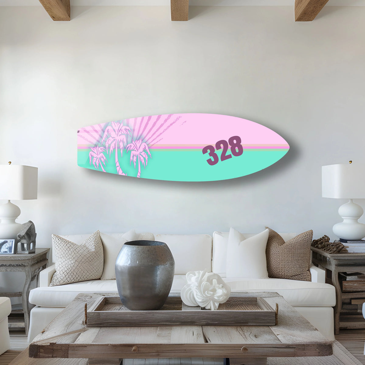 Vibrant color contrast defines this customable surfboard wall art, where pink and aqua hues meet, embellished with palm trees and the number 328, creating striking custom glass pictures.