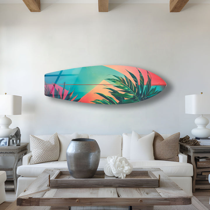 Rosa-blaue Palmblatt-Surfbrett-Wandkunst
