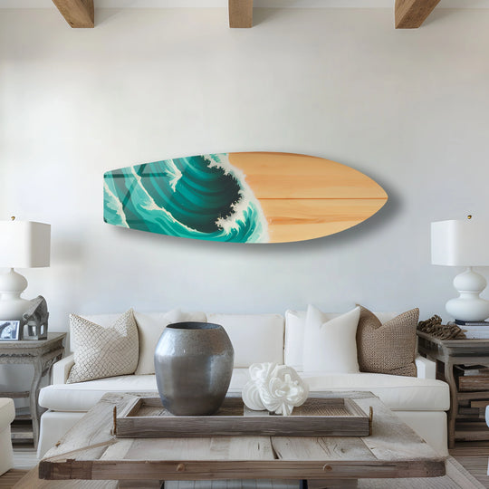 SurfBoard with ocean waves and beach horizontal art is ocean wall art and surfboard paintings adding beach themed decor for coastal homes
