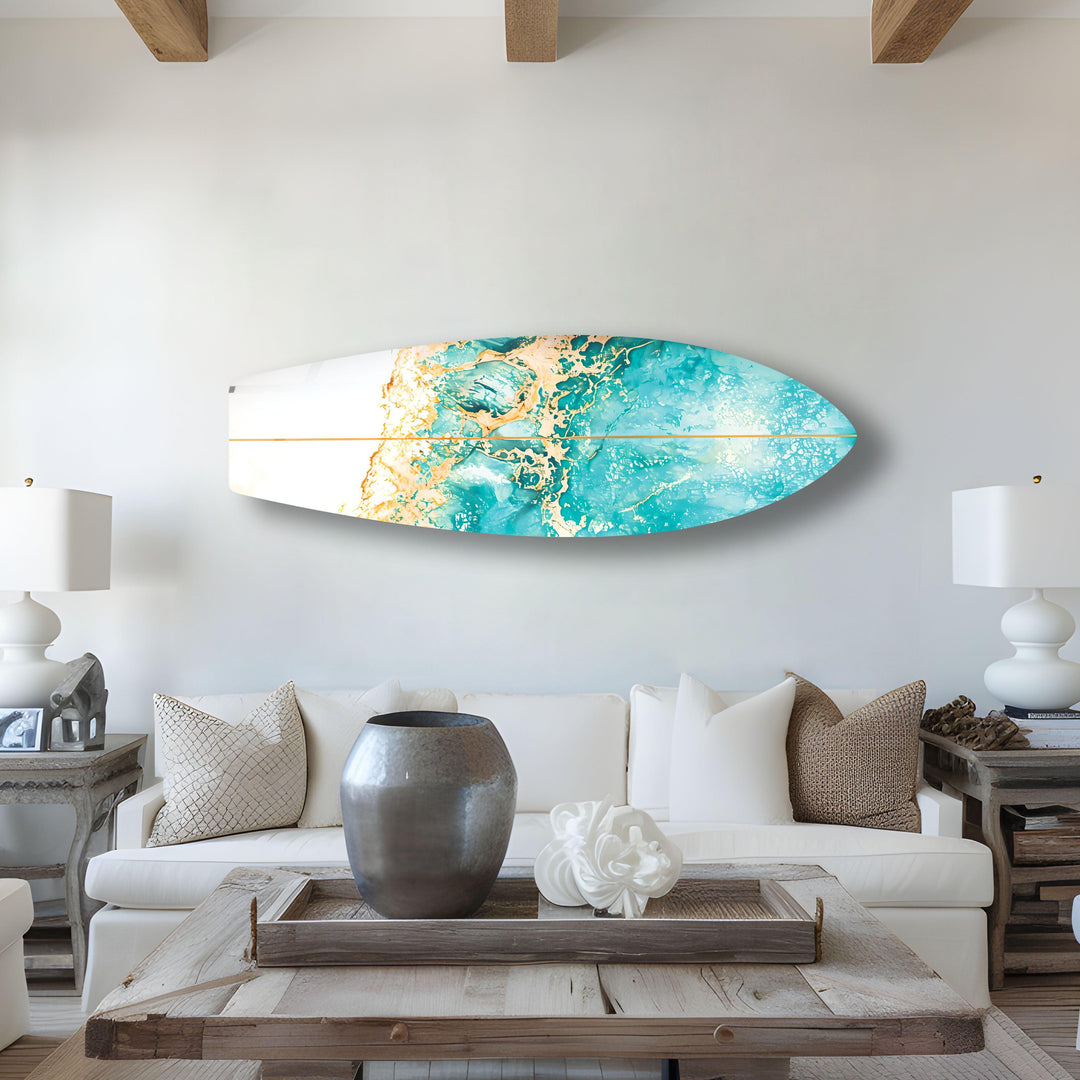 Gold Details Blue Abstract Surfboard Wall Art