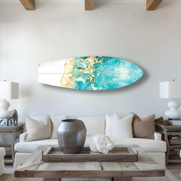 Gold Details Blue Abstract Surfboard Wall Art