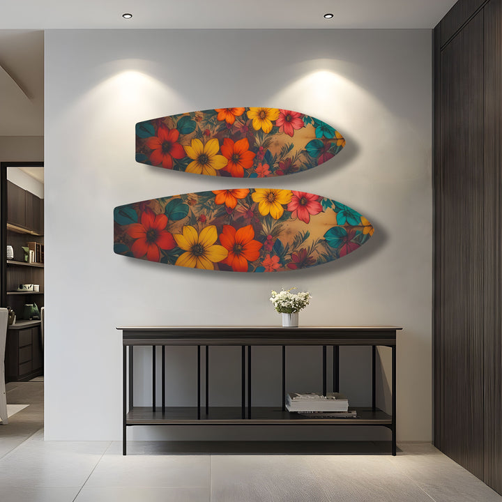 Gelb-rote Vintage-Blumen-Surfbrett-Wandkunst