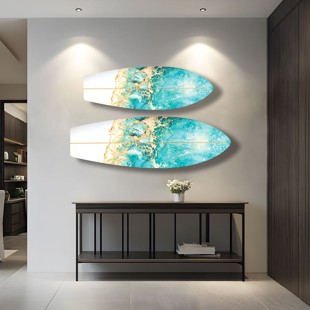 Gold Details Blue Abstract Surfboard Wall Art