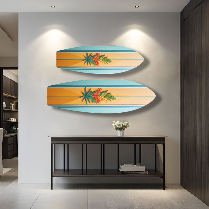 Orange und Blau Botanische Surfbrett Wandkunst