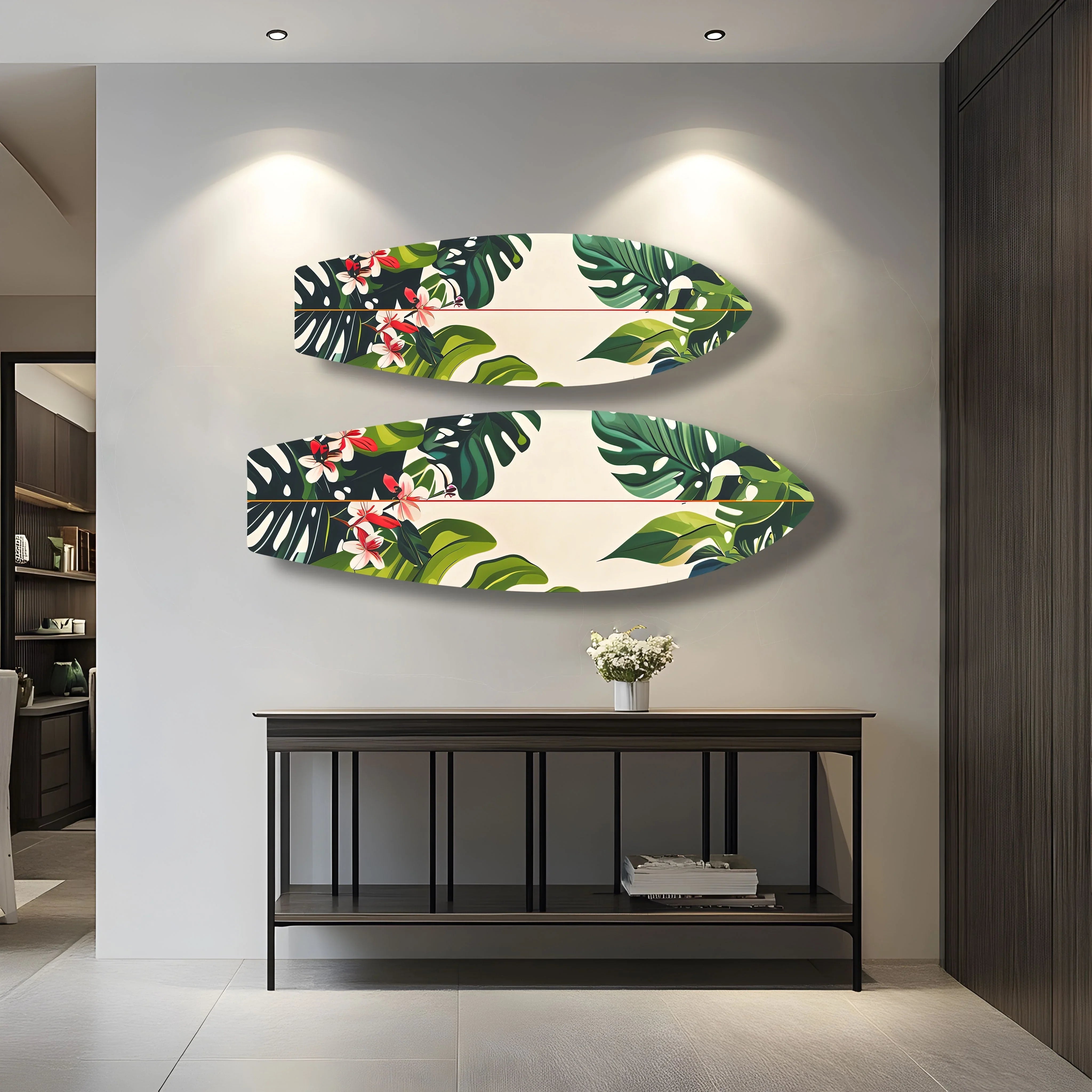 Green Palm Leaf Surfboard – Tropical Glass Wall Art – MyPhotoStation