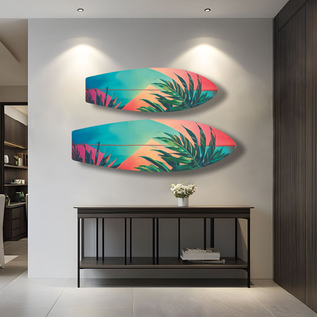Rosa-blaue Palmblatt-Surfbrett-Wandkunst