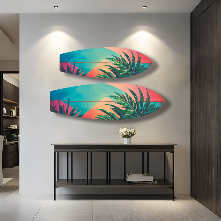 Rosa-blaue Palmblatt-Surfbrett-Wandkunst