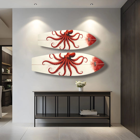 Warm incandescent lights cast a cozy glow on this striking red octopus wall print art piece featuring surfboard designs.
