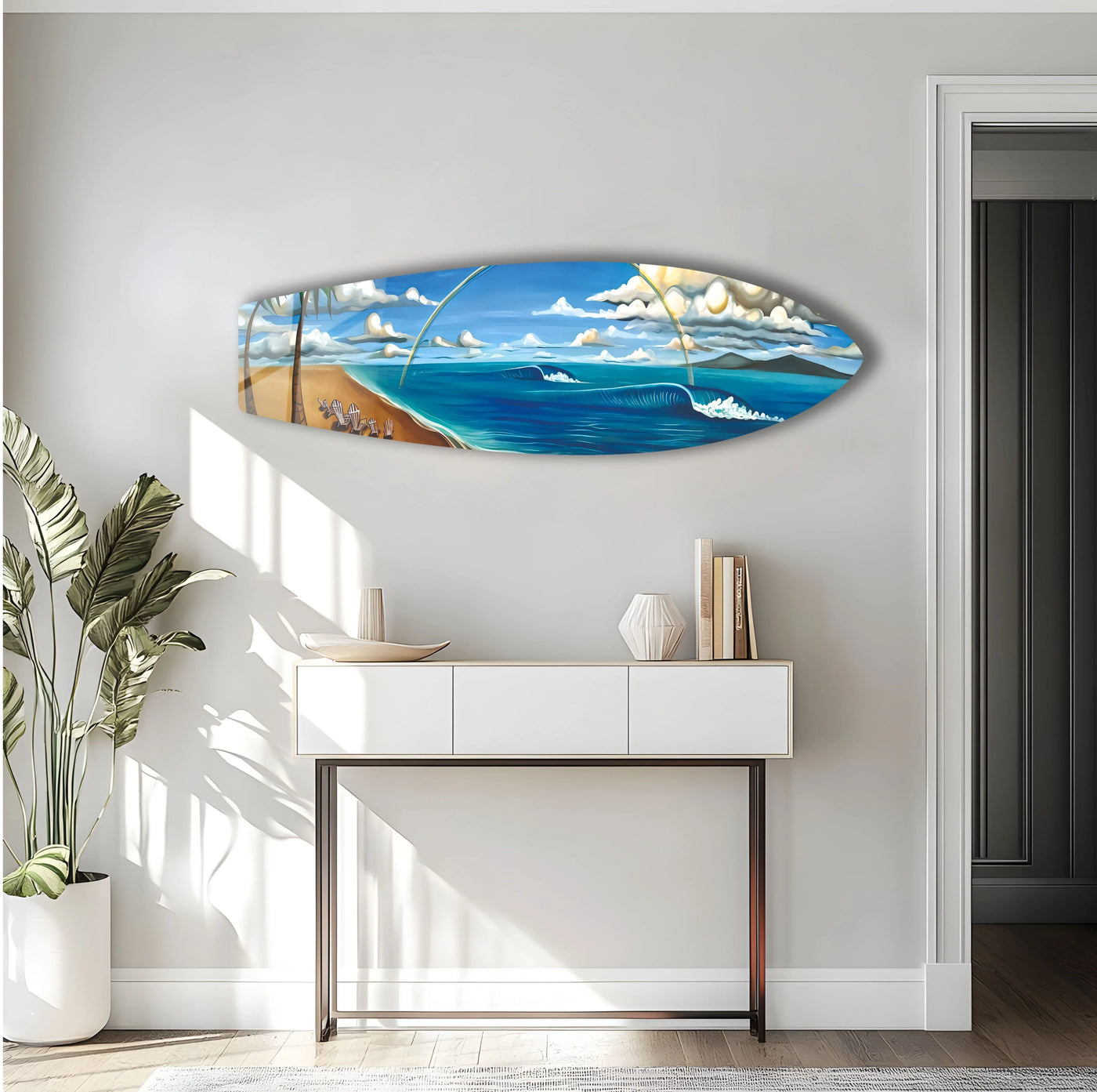 Smooth surface texture of this Surfer's Paradise glass wall art captures a vibrant beach scene, creating a unique piece of home decoration with a captivating surfboard display.
